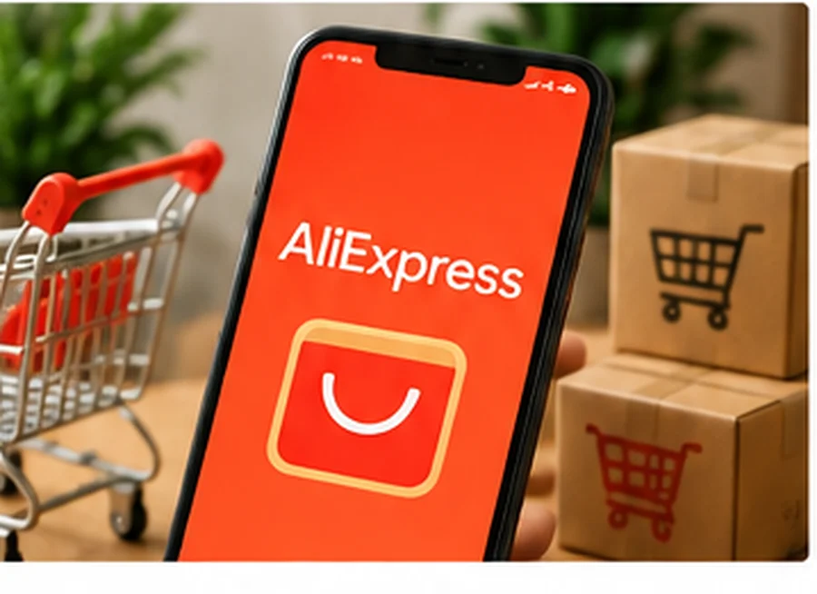 Móvil con la aplicación de AliExpress y paquetes de compra