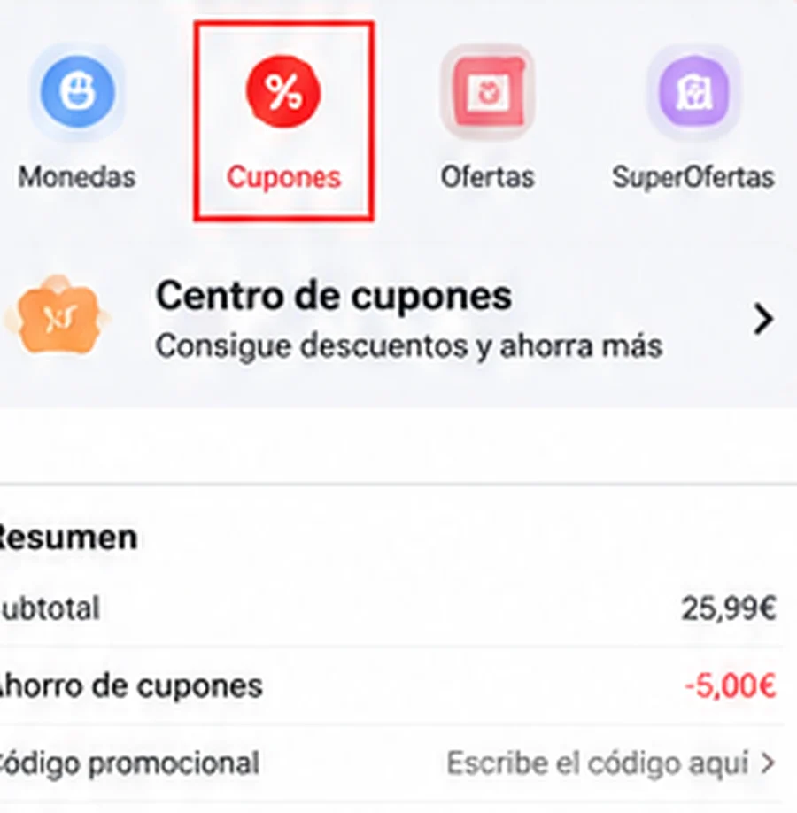 Pantalla de promociones disponibles en la aplicación