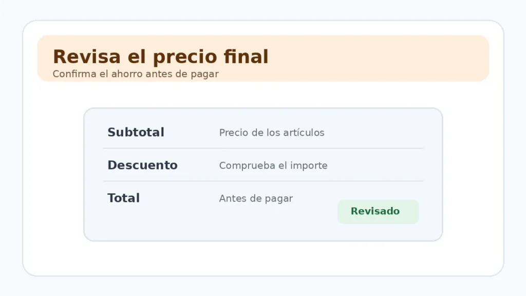 Resumen de compra con el descuento antes de pagar.